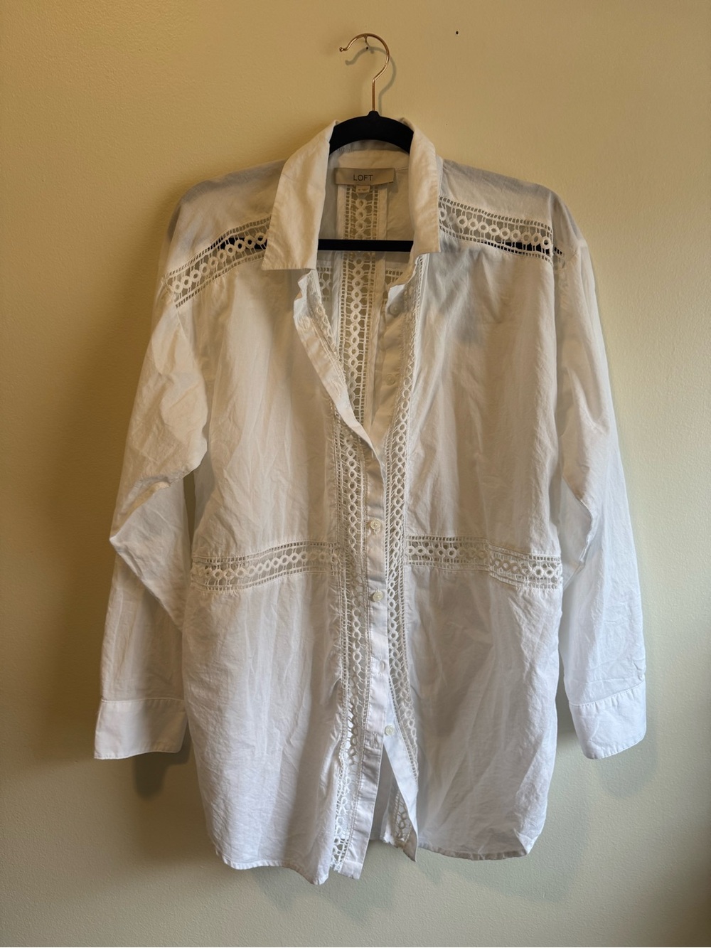 LOFT White Lace-Trim Casual Button-Down Shirt